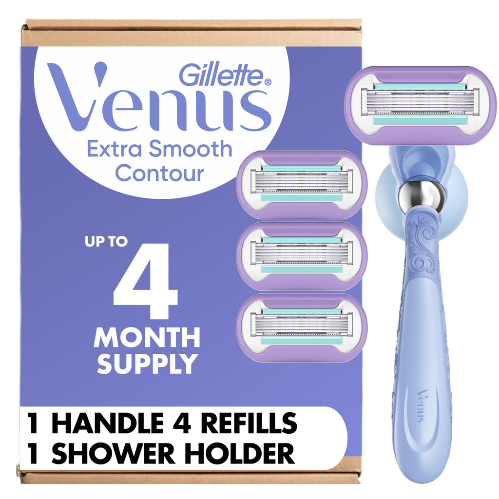 Gillette Venus Razor for Women, Extra Smooth Contour, Includes 1 Reusable Razor Handle + 4 Count 5-Bladed Razor Refills, with Flexiball Pivoting Handle and Shower Holder