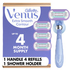 Gillette Venus Razor for Women, Extra Smooth Contour, Includes 1 Reusable Razor Handle + 4 Count 5-Bladed Razor Refills, with Flexiball Pivoting Handle and Shower Holder