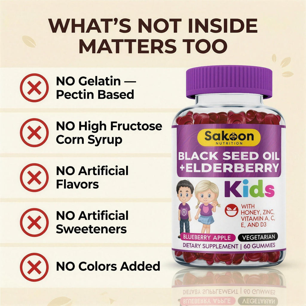 Sakoon nutrition Elderberry Gummies for Kids with Black Seed Oil, Immune Support, with Vitamin C and Zinc, Delicious Berry Flavor, 60 Gummies