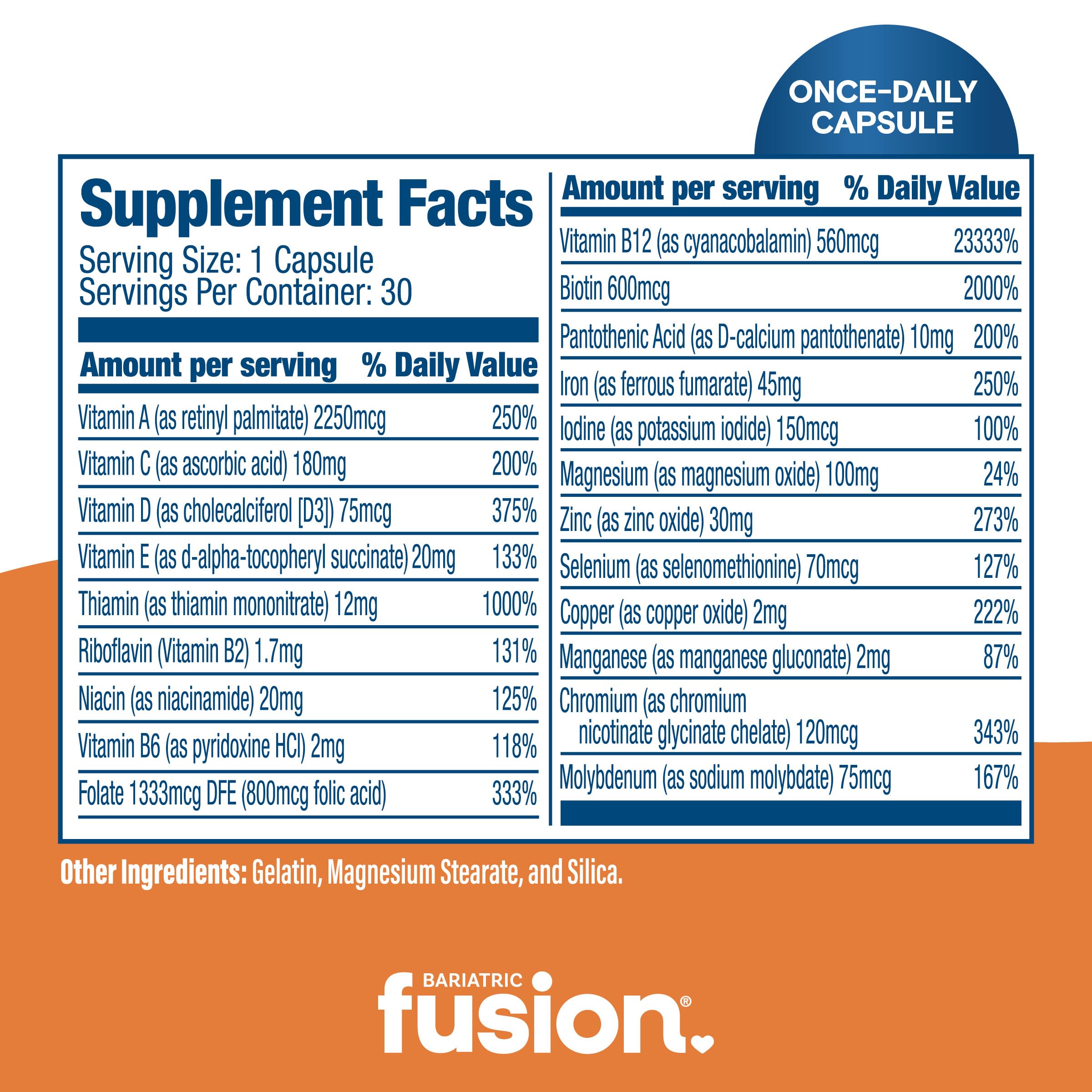Bariatric Fusion Multivitamin with Iron for Women and Men | Once Daily Capsule | GLP-1 Vitamins | 45mg Iron | 30 Count |1 Month Supply