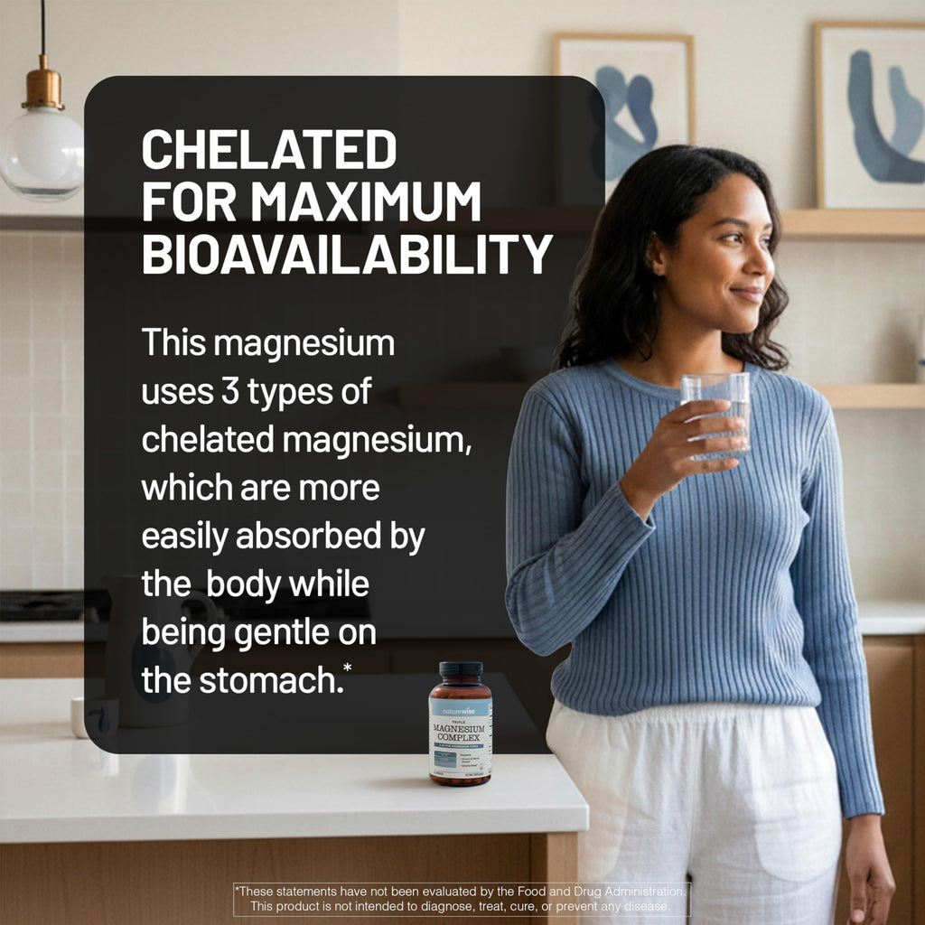 NatureWise Triple Magnesium Complex - Chelated - High Absorption Magnesium Glycinate + Malate + Citrate for Muscle Nerve & Sleep Support - Vegan 90 Capsules