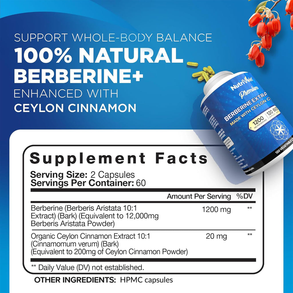 Nutrivein Berberine Supplement 1200 mg with Ceylon Cinnamon, 120 Capsules | High-absorption berberine HCl for men and women. Supports metabolism, digestion, and natural defenses. Vegan and non-GMO.