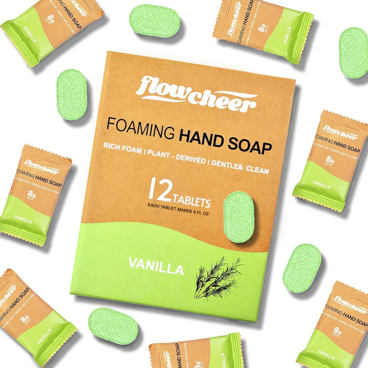 Flowcheer foaming hand soap refill includes 12 genuine plant-derived tablets in a vanilla scent for gentle and clean use.