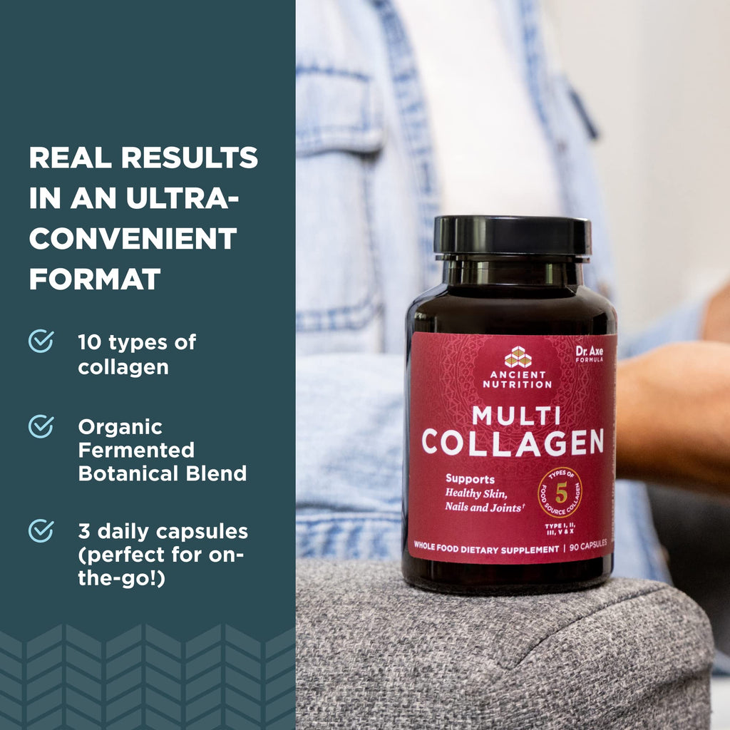 Ancient Nutrition Hydrolyzed Multi Collagen Peptides Capsules | Women & Men, Vitamin C, Probiotics, Grass-fed Hydrolyzed Collagen, Supports Skin, Hair, Nails, Joints, Gut Health, 90 Count