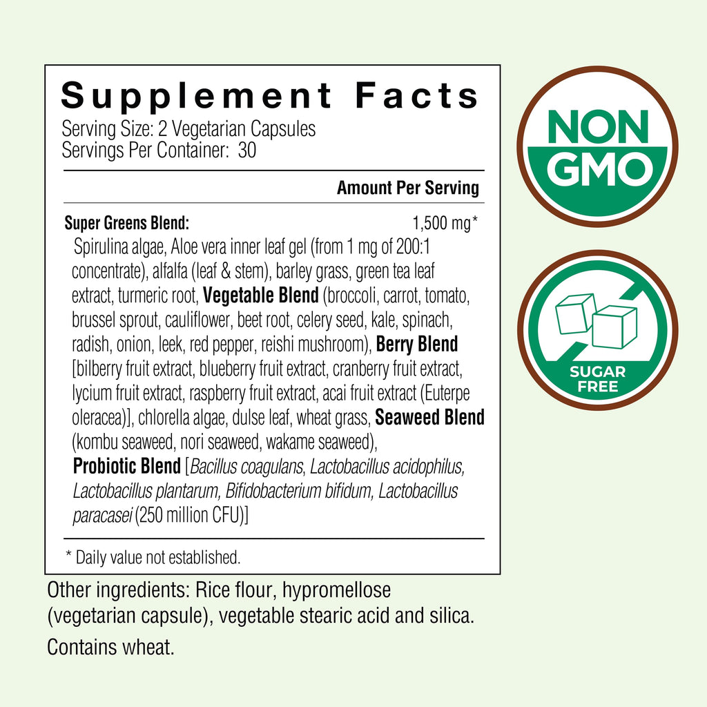 Country Farms Super Greens Vegicaps, 32 Super Foods, Whole Food Supplement, Greens, Fruit, Vegetables, Mushrooms & Probiotics, Rich in Antioxidants & Phytonutrients, 120 Count, 60 Servings