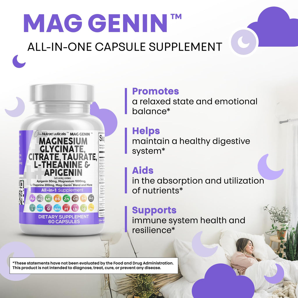 Clean Nutraceuticals Magnesium Glycinate Complex 1000mg with L-Theanine 200mg Apigenin 50mg Citrate Taurate Supplement (60 Count (Pack of 2))