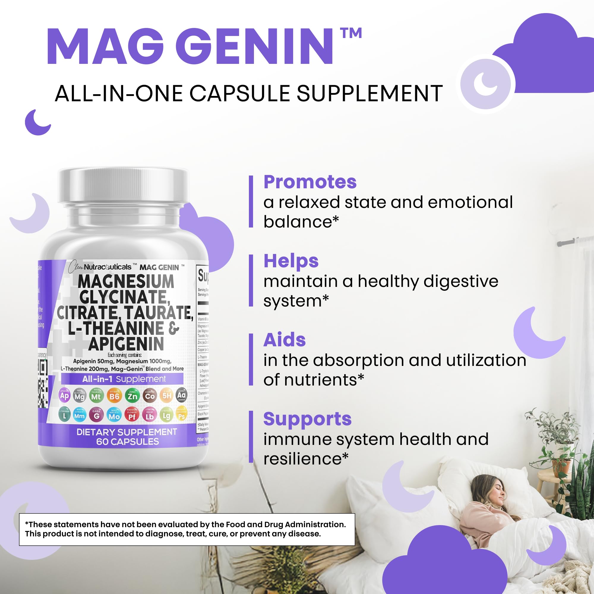 Clean Nutraceuticals Magnesium Glycinate Complex 1000mg with L-Theanine 200mg Apigenin 50mg Citrate Taurate Supplement (60 Count (Pack of 2))