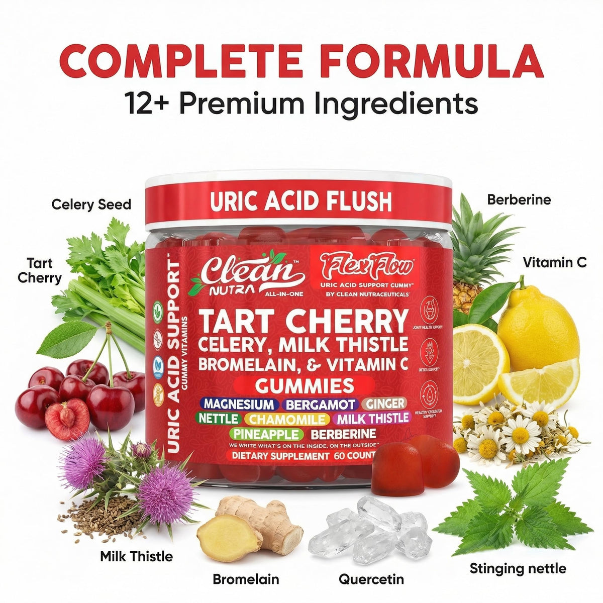 Clean Nutra Tart Cherry Gummies Uric Acid Flush Celery Milk Thistle Bromelain Vitamin C Magnesium Citrus Bergamot Ginger Stinging Nettle Leaf Chamomile Berberine Quercetin Support 60 Gummy Vitamins