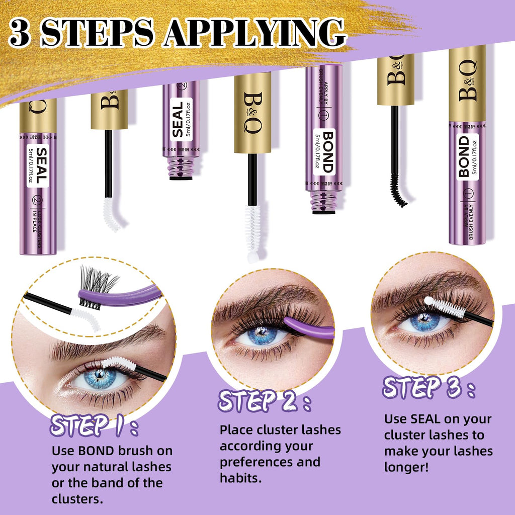 B&Q Lash Bond and Seal Waterproof,Lash Cluster Glue 10ML Strong Hold(White) | Sensitive Eyes Eyelash Glue for Clusters, DIY Lashs Glue Strong Hold, Long Lasting 3-7days Home Use, For Cluster/ Individual