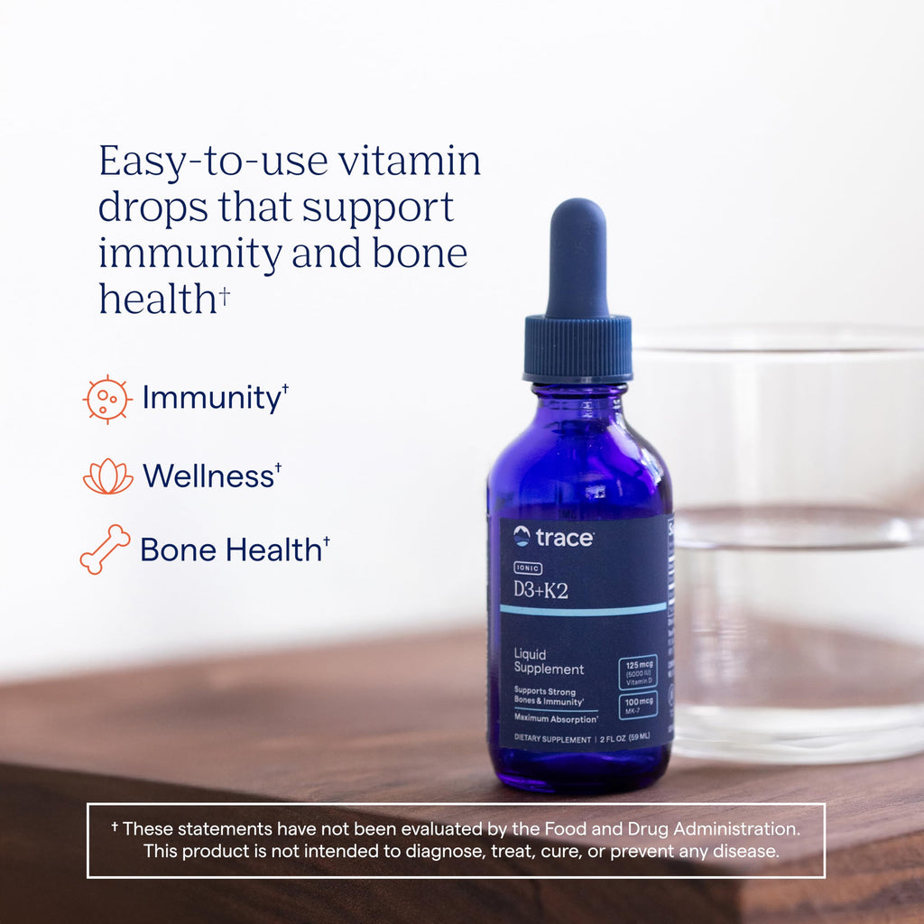 Trace Minerals Liquid Vitamin D3 + K2 Supplement, 5000 IU, 2 fl oz | Ionic liquid drops, 100 mcg K2 per serving, bone and immune support, 3rd-party purity verified, 296 servings per bottle
