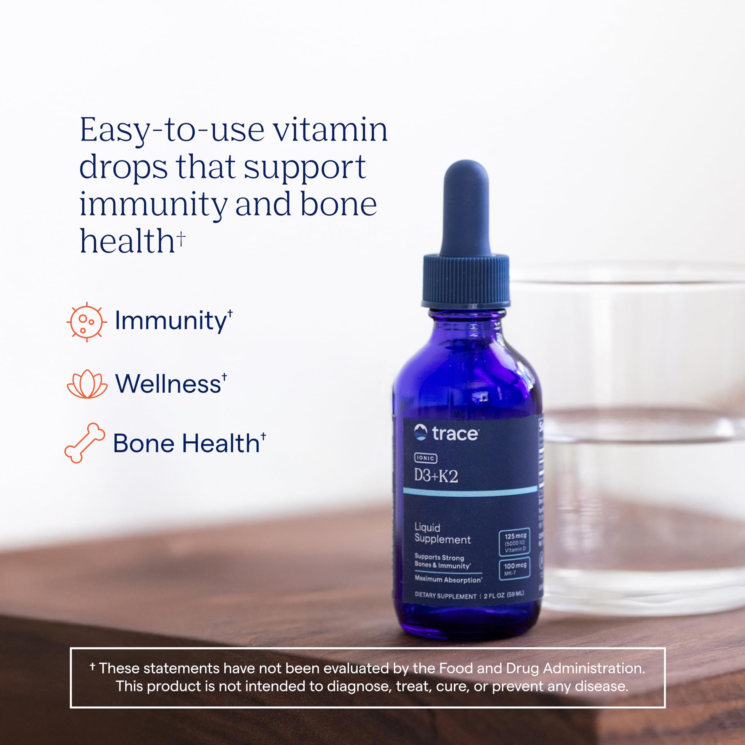 Trace Minerals Liquid Vitamin D3 + K2 Supplement, 5000 IU, 2 fl oz | Ionic liquid drops, 100 mcg K2 per serving, bone and immune support, 3rd-party purity verified, 296 servings per bottle