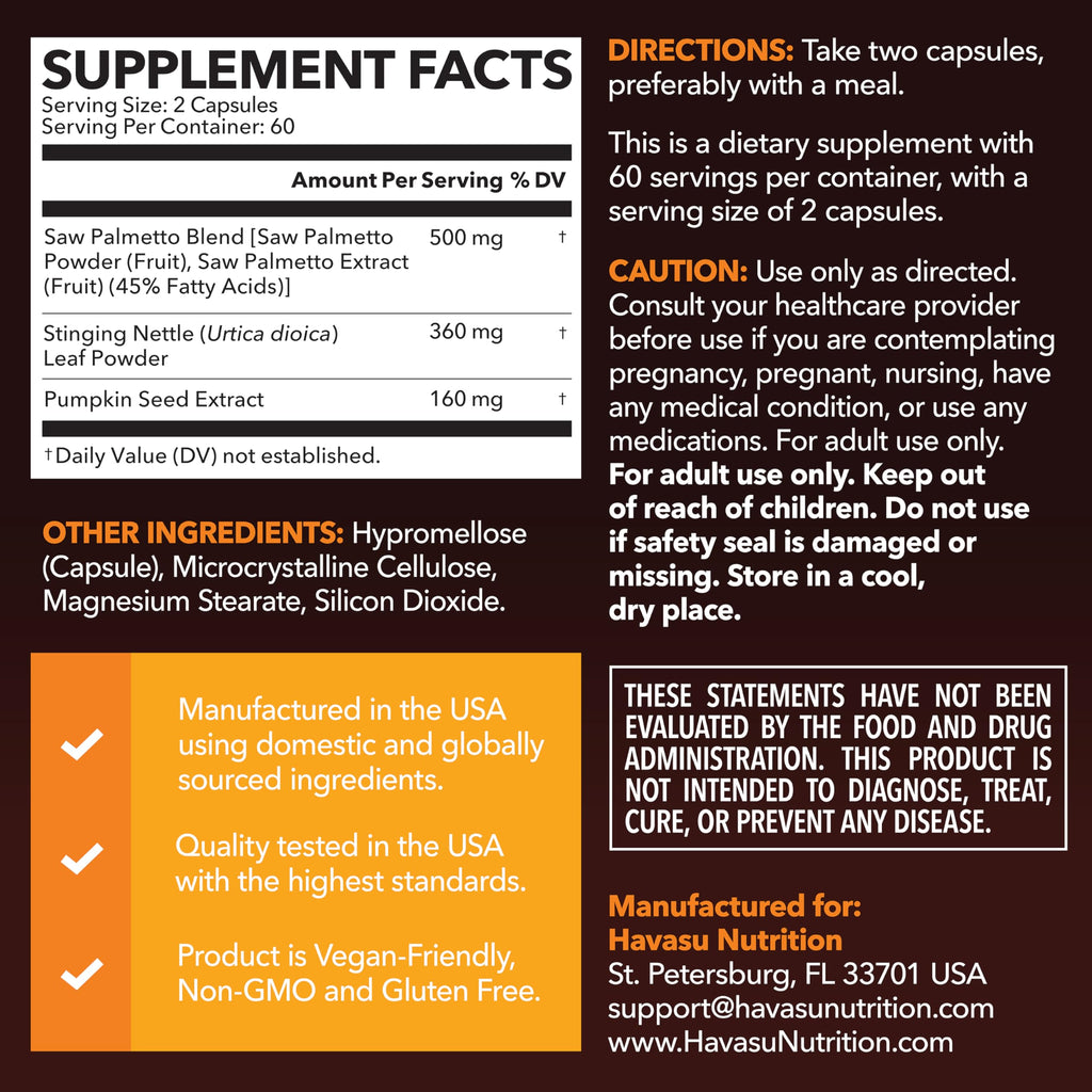 Saw Palmetto for Men, DHT Blocker and Prostate Health Supplement, 120 Count | Potent 3X Formula with Pumpkin Seed Oil and Stinging Nettle, Bladder and Urinary Support, Vegan, Non-GMO, 2-Month Supply