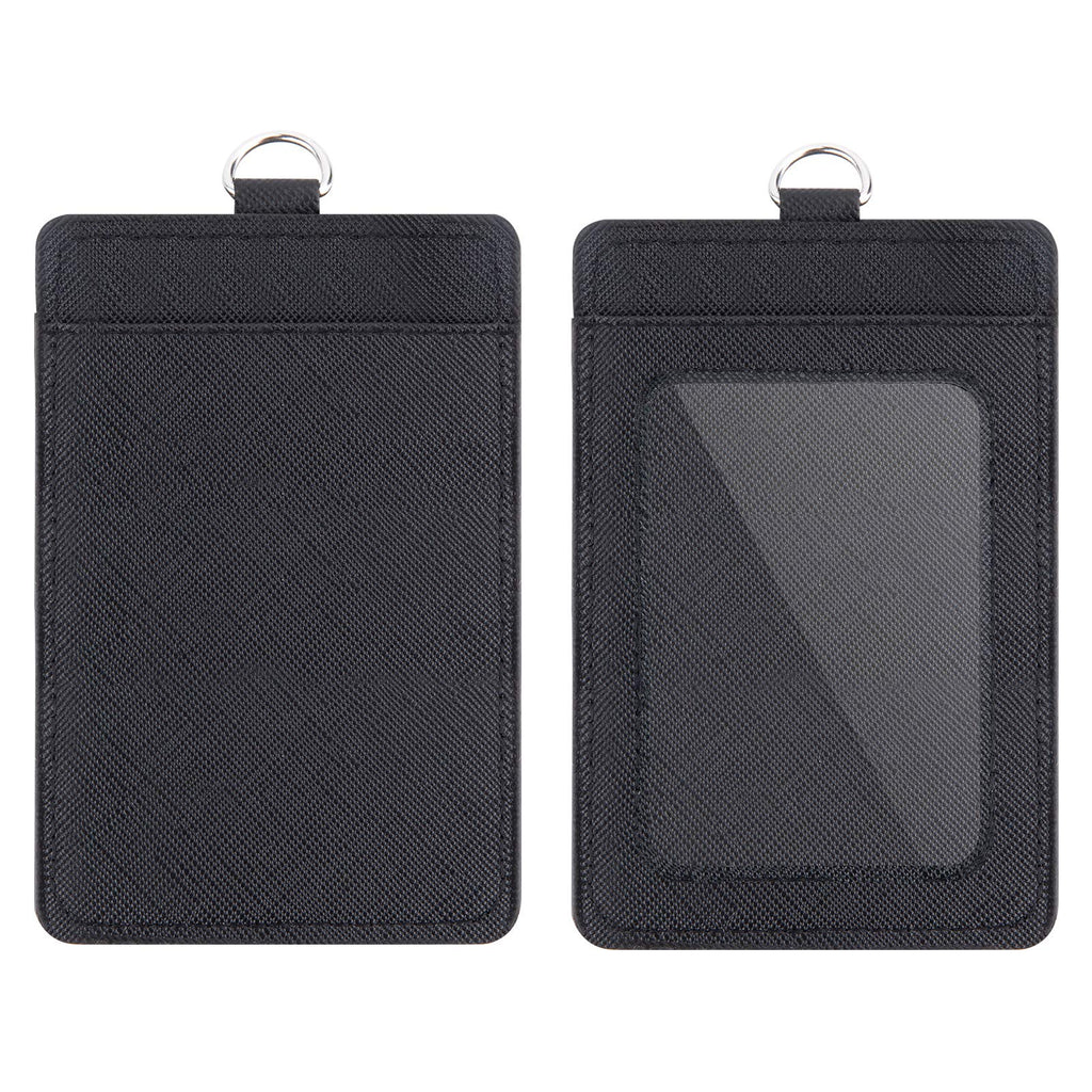 2 Pack Badge Holders and Heavy Duty Retractable Reel Clips Set, Vertical Leather ID Badge Holders with 1 Clear ID Window & 2 Credit Card Slots (Black-2pcs)'