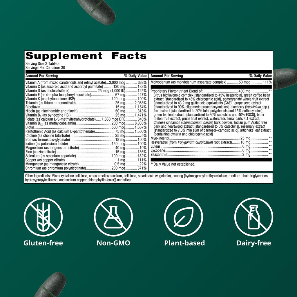 Metagenics PhytoMulti with Iron, Iron Bisglycinate 18 mg, 60 Tablets | Daily Multivitamin for Men and Women with Phytonutrients, Methylfolate, Vitamins A-K, Zinc and B6, Iron Bisglycinate 18 mg