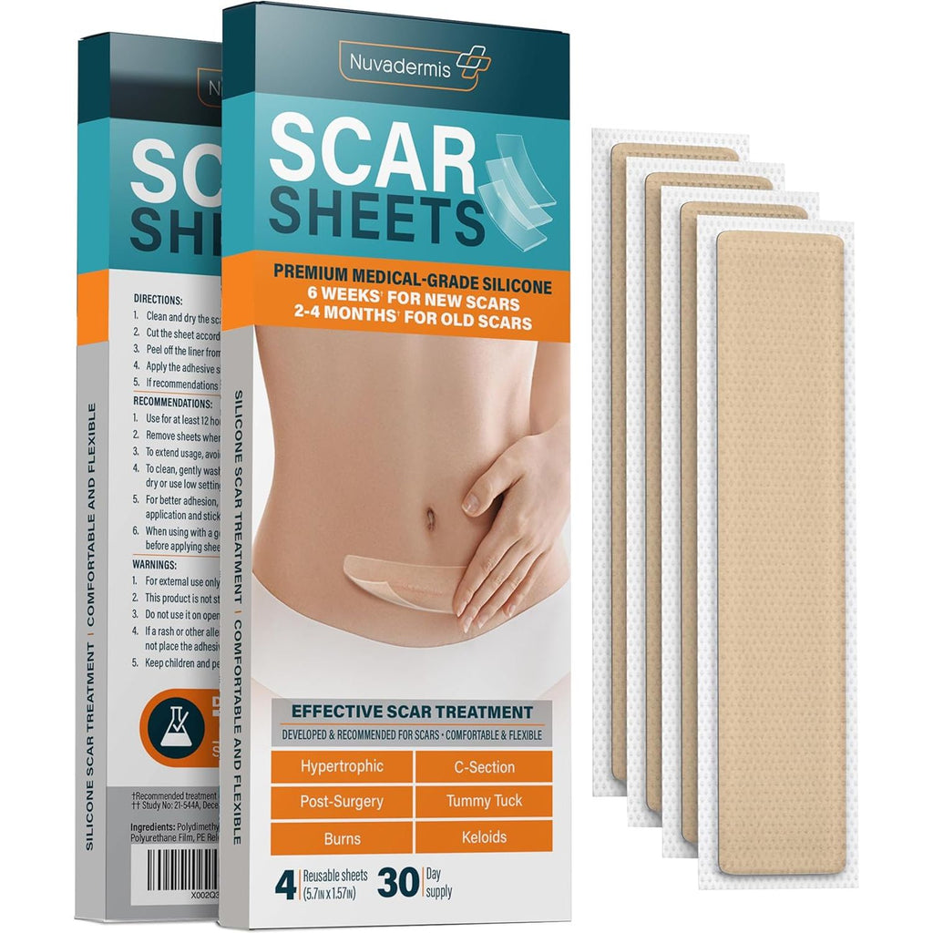 Buy now NUVADERMIS Silicone Scar Sheets - Extra Long Scar Sheets for C-Section, Tummy Tuck, Keloid, and Surgical Scars - Reusable Medical Grade Silicone Scar Sheets - Pack of 4 - Light Tone at indiglob india