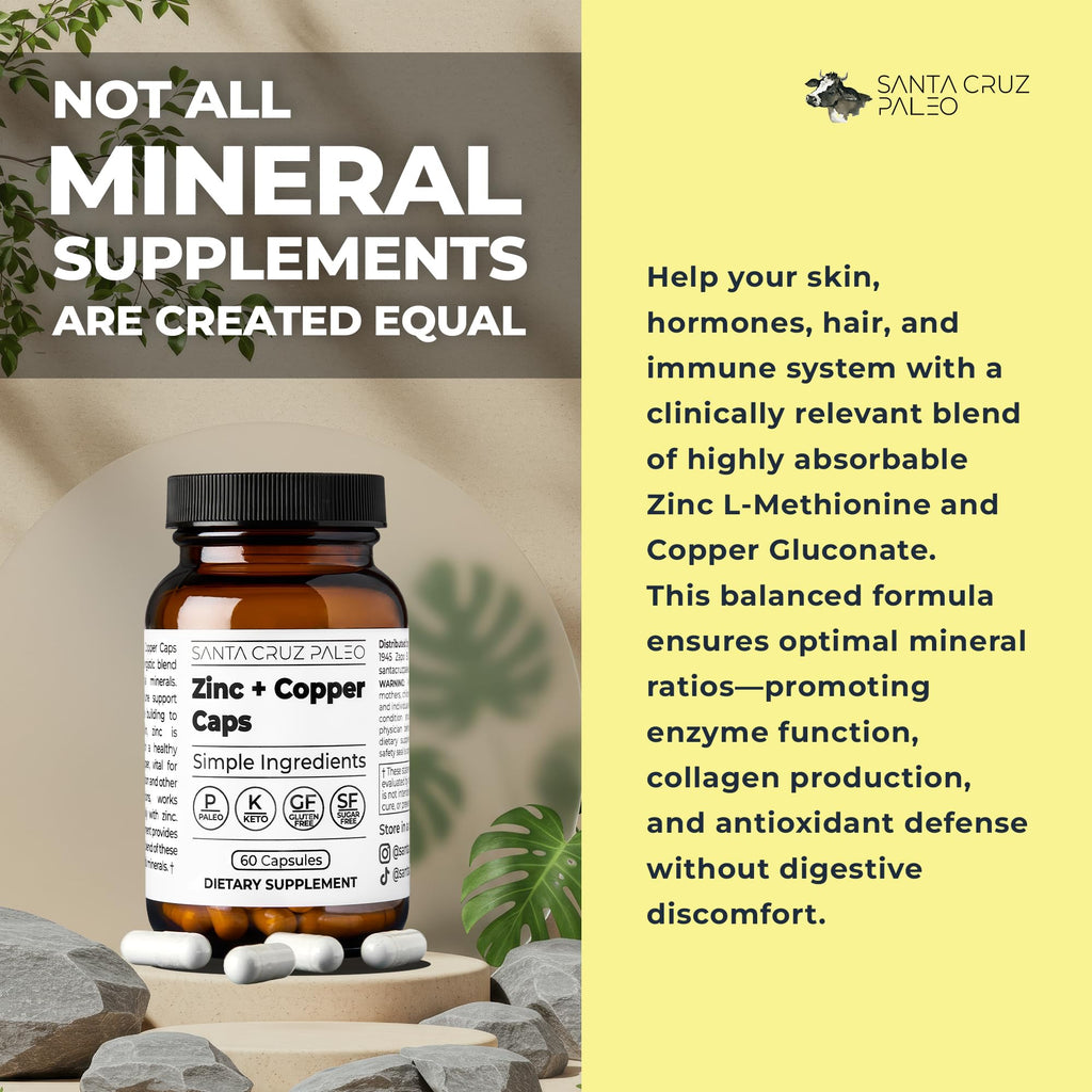 Santa Cruz Paleo, Zinc & Copper Mineral Supplement, High Absorption Formula, Zinc Supplement for Skin & Hair, L Methionine, Copper Gluconate, Trace Minerals, Gluten Free, Keto, Paleo, 60 Capsules