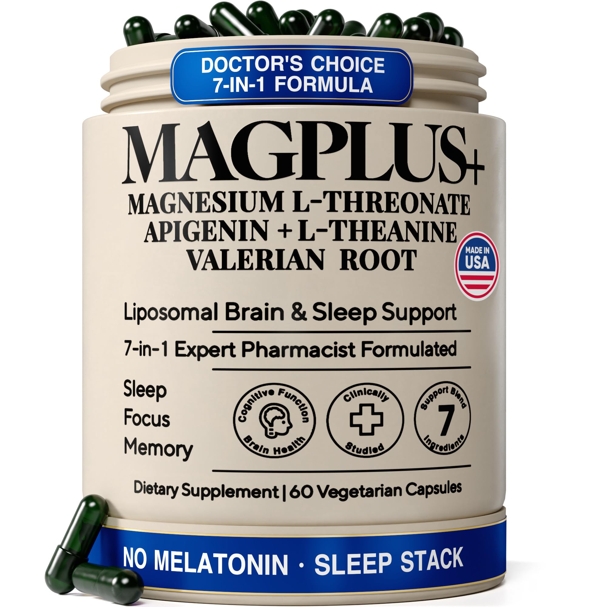 Liposomal Magnesium L-Threonate with Apigenin, 60 Caps | Melatonin-Free Restful Sleep & Calm Focus Support: 7-Ingredient Formula with L-Theanine, Valerian Root & Chamomile
