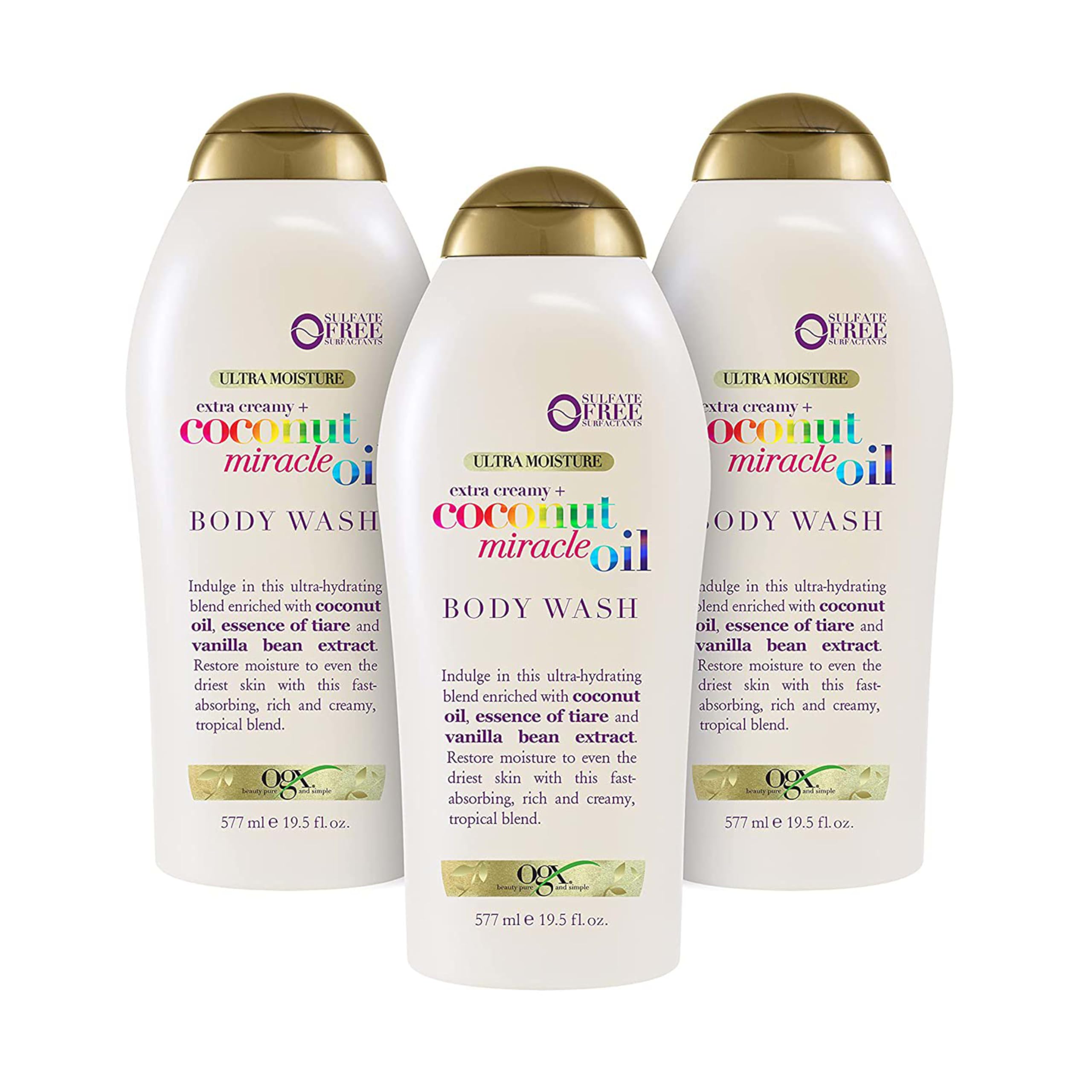 OGX Extra Creamy + Coconut Miracle Oil Ultra Moisture Body Wash, Rich Shower Gel for Dry Skin Infused with Coconut Oil, Body Wash for Women, Sulfate-Free Surfactants, 19.5 fl. oz