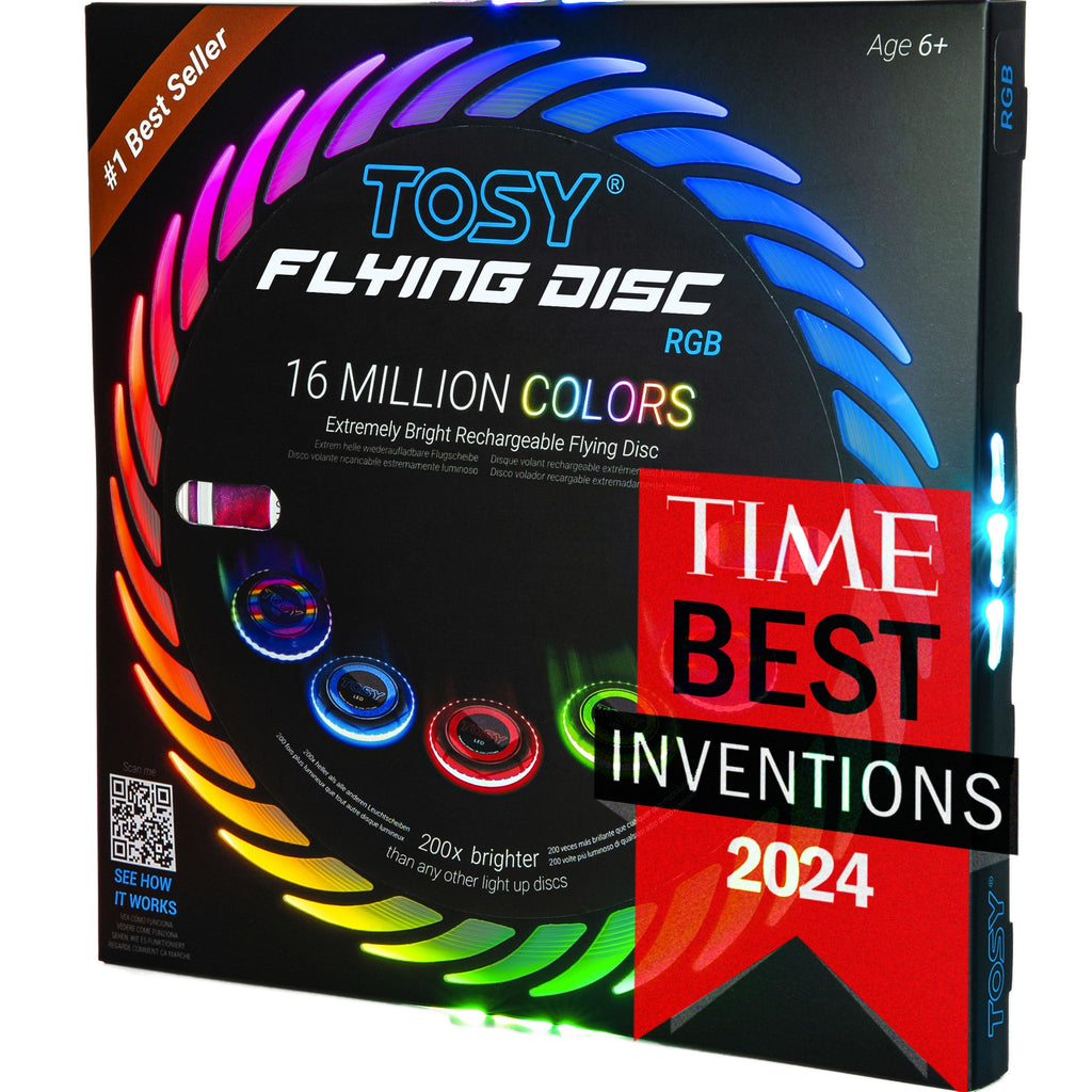 TOSY Flying Disc - 16 Million Colors RGB LEDs, Extremely Bright, Smart Modes, Camping Essentials for Teens/Kids/Adults/Men/Boys/Girls, Auto Light Up, Rechargeable, Waterproof, 175g