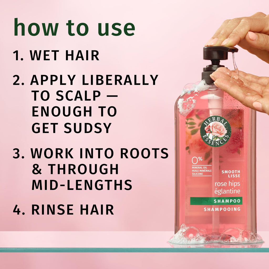 Herbal Essences Shampoo, Rose Hips - Smooth Collection, Shiny Hair with Vitamin E & Jojoba, Safe for Color Treated Hair, Floral Scent, Cruelty-Free, Dermatologist-Tested, 29.2 Fl Oz