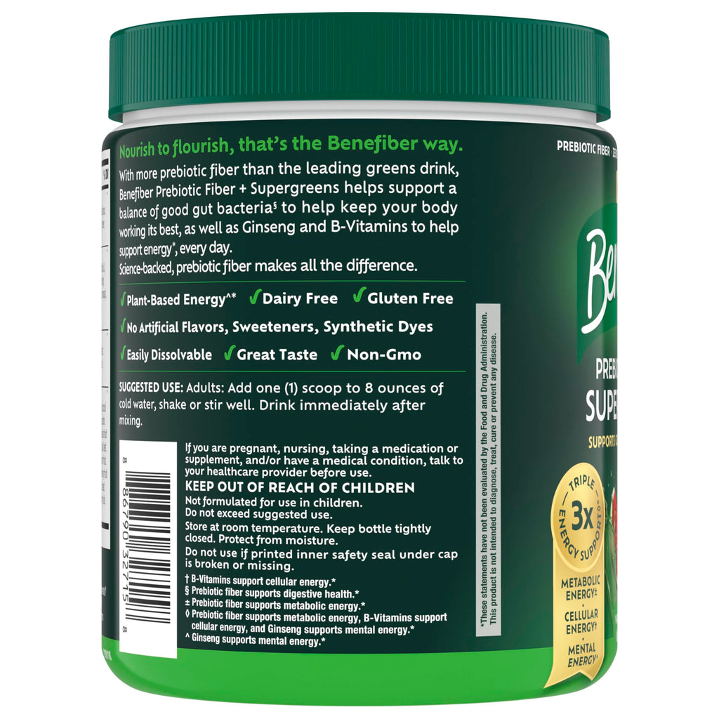 Benefiber Prebiotic Fiber + Supergreens, Watermelon Lemonade Flavor, 8.8 oz