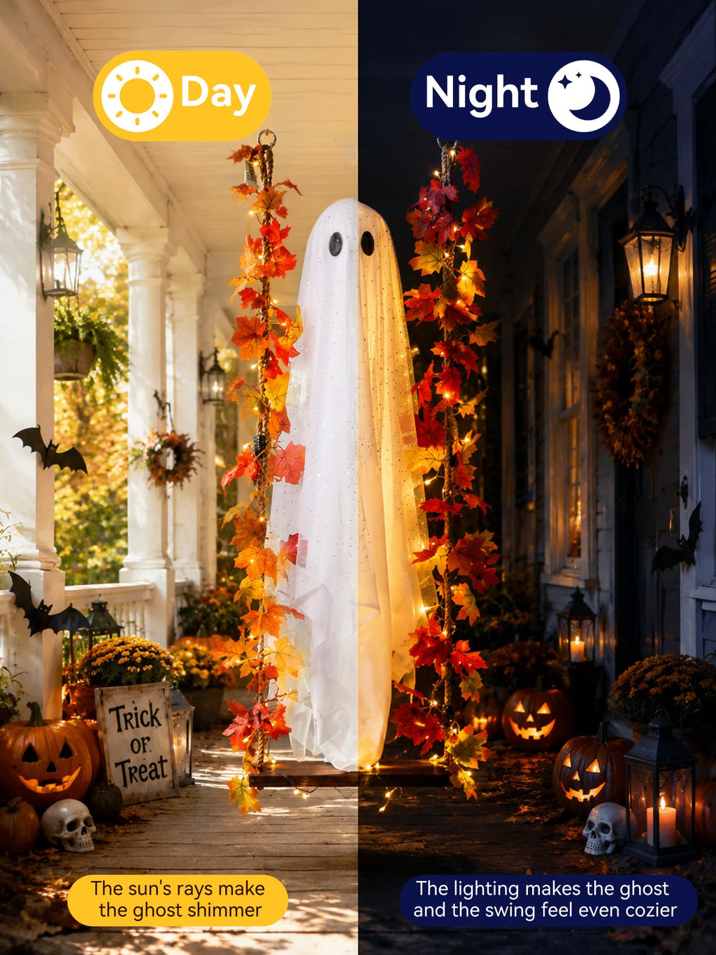 AYGXU Halloween Decorations Outdoor Indoor-5.3ft Hanging Ghost Decor with a Maple Leaf 6.6ft Swing,Ghost Light,Halloween Decor for Tree,Yard,Porch,Garden