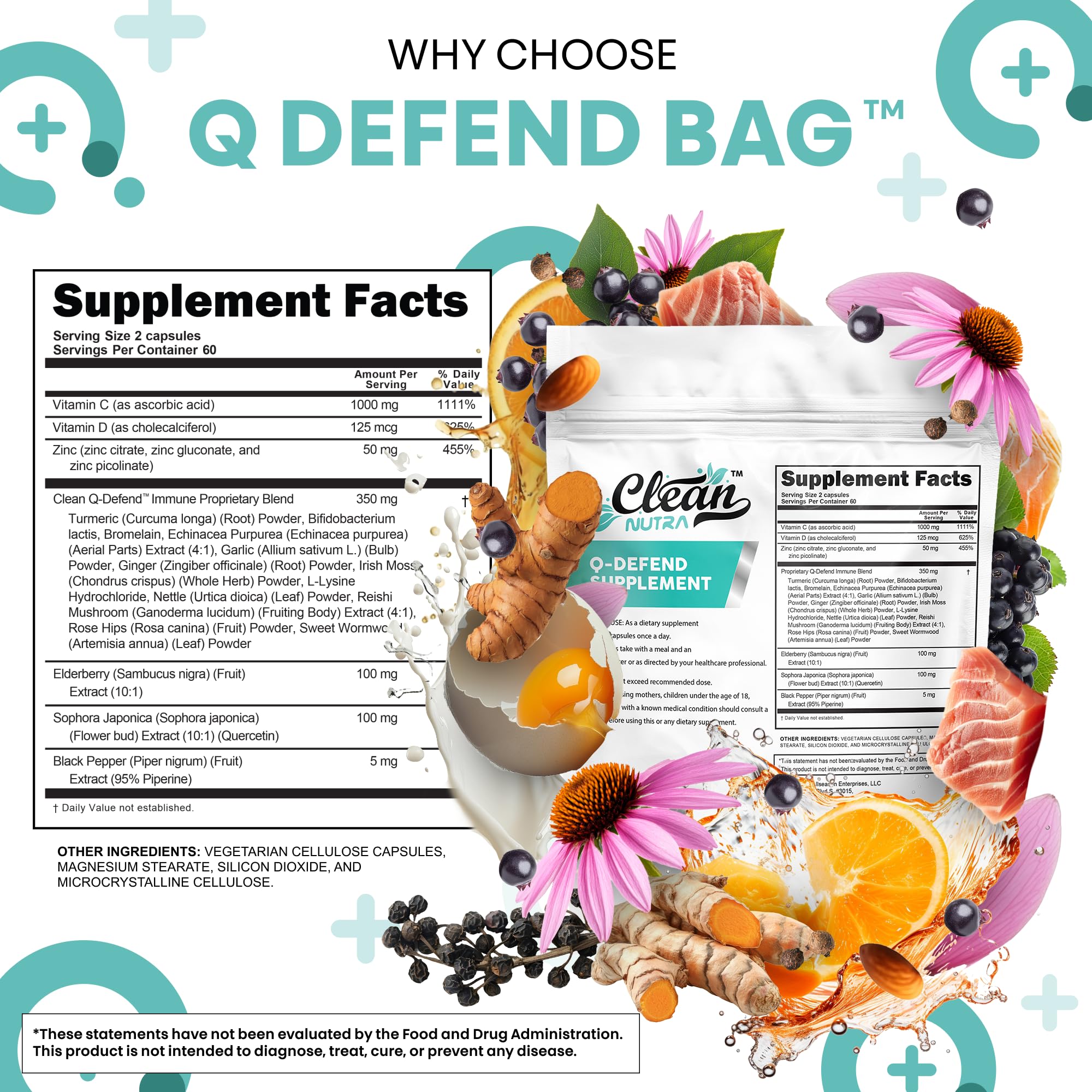 Q Defend Quercetin Supplement with Zinc Vitamin C Vitamin D Elderberry Turmeric Black Pepper Garlic Ginger Sea Moss Lysine Stinging Nettle Reishi Mushroom Immune Support 120 Capsules by Clean Nutra