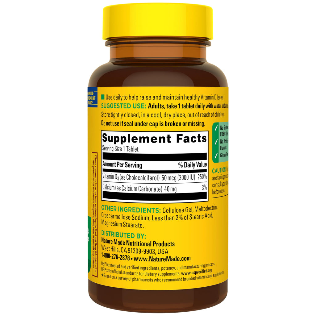 Nature Made Vitamin D3 2000 IU (50 mcg), 100 Vitamin D Tablets | Vitamin D Supplement for Immune, Bone, Teeth and Muscle Health Support, 100 Day Supply