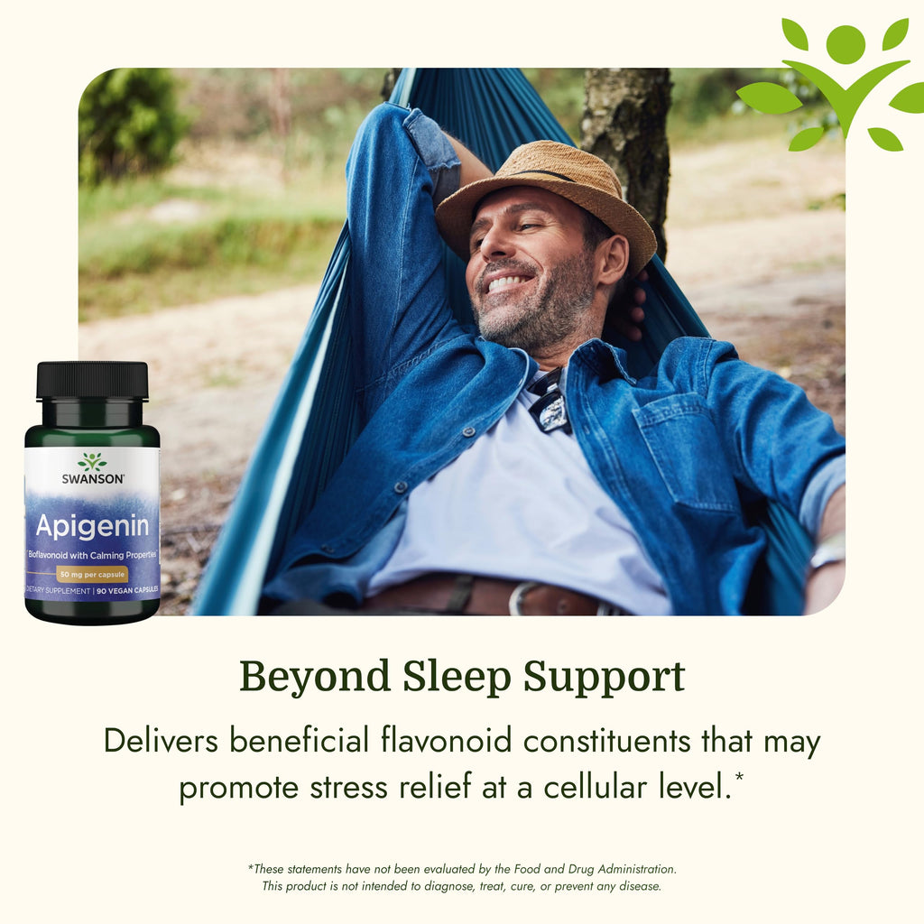 Swanson Apigenin Sleep and Relaxation Supplement, 50 mg, 90 Capsules | For Adults Seeking Natural Sleep, Relaxation, and Stress Relief Support, Antioxidant Bioflavonoid Found in Chamomile