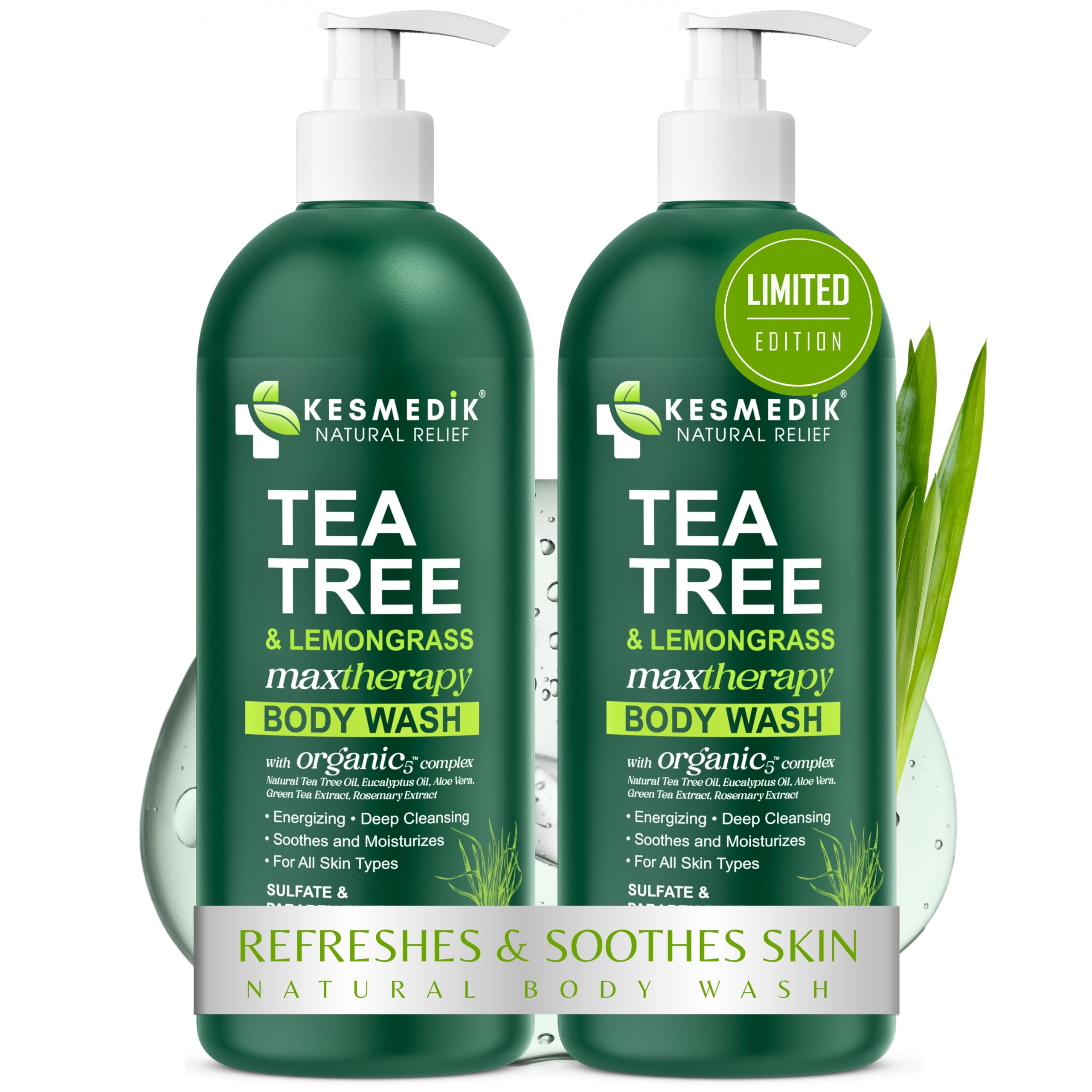 KESMEDIK Tea Tree Body Wash MaxTherapy with 100% Tea Tree Oil for Skin, Eucalyptus & Aloe Vera | Purifying Body Soap, Soothes & Refreshes Sensitive, Itchy Skin, Men & Women, 16 Fl Oz (Pack of 2)