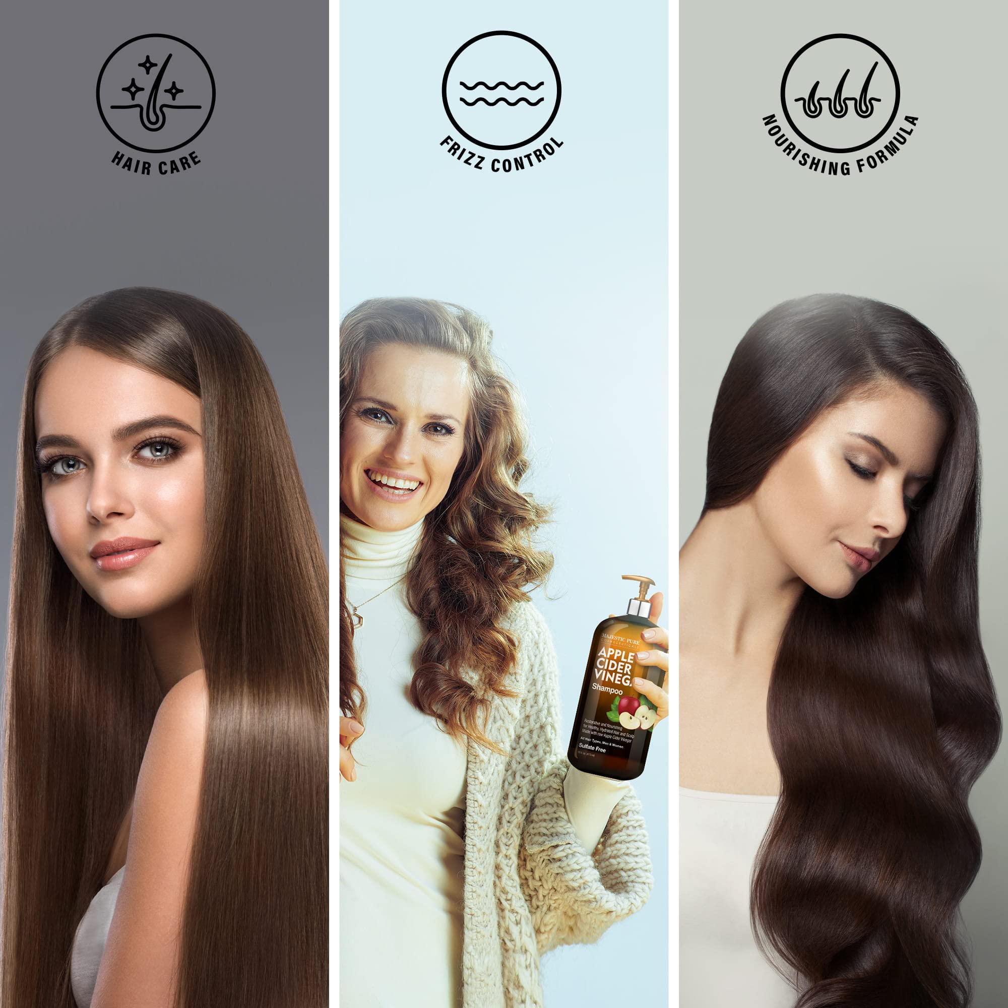 Majestic Pure Apple Cider Vinegar Shampoo, Sulfate Free - 16 Fl Oz | Ideal for daily hair cleansing, scalp care, frizz control, and maintaining soft, healthy-looking hair