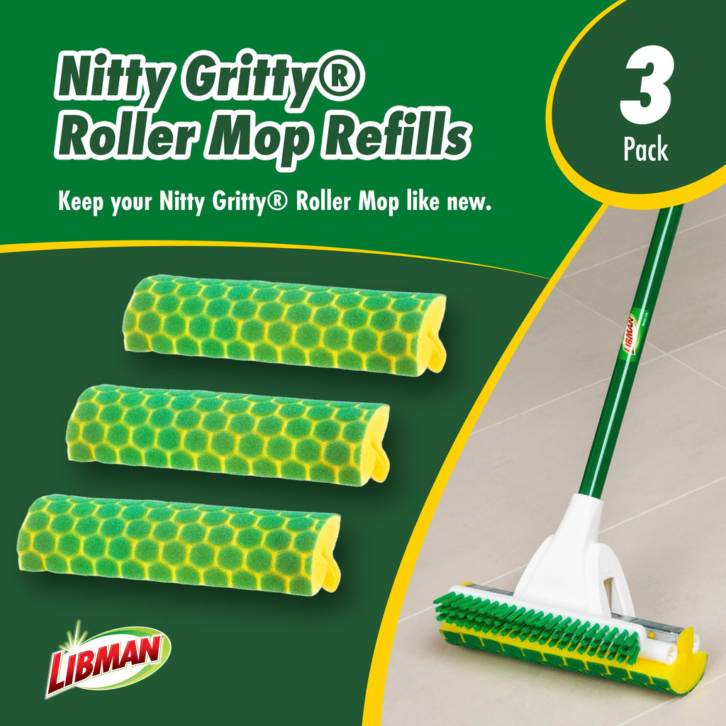 Libman Nitty Gritty Roller Mop Refills, Self Wringing, Sponge, 3 Replacement Heads Included