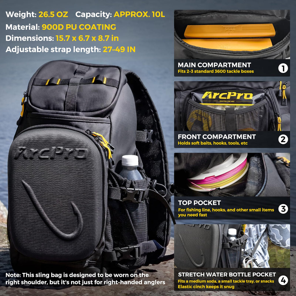 Fishing Sling Pack, EVA Hardshell with Foldable Workstation, Water-Resistant Convertible Front/Back Tackle Bag for 2×3600 Trays, Saltwater Freshwater Crossbody