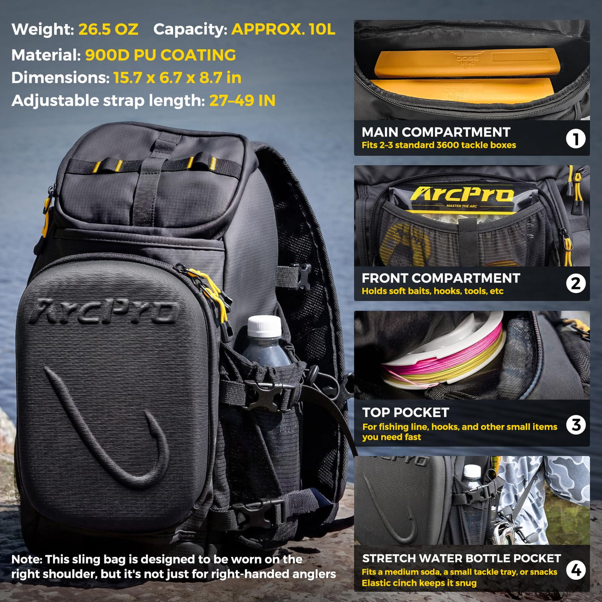 Fishing Sling Pack, EVA Hardshell with Foldable Workstation, Water-Resistant Convertible Front/Back Tackle Bag for 2×3600 Trays, Saltwater Freshwater Crossbody