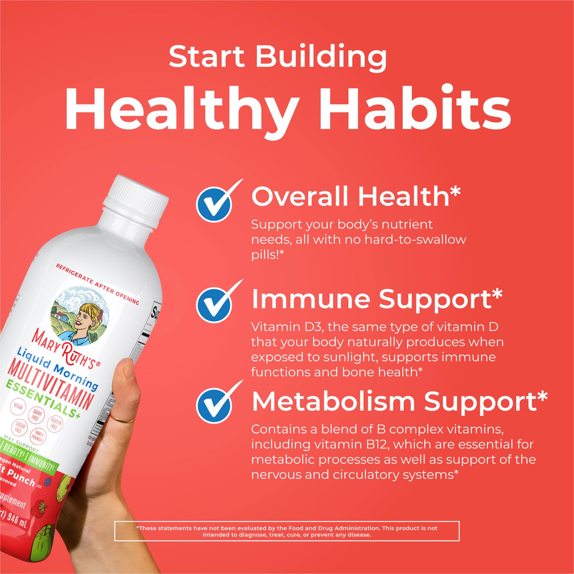 MaryRuth's Liquid Morning Multivitamin Essentials+, 2 Flavors, Vegan, 32oz | Vitamin A C D E B6 B12 Biotin Zinc, Mens Womens Multivitamin, Immune Support, Beauty, Sugar Free, Vegan, Ages 1+