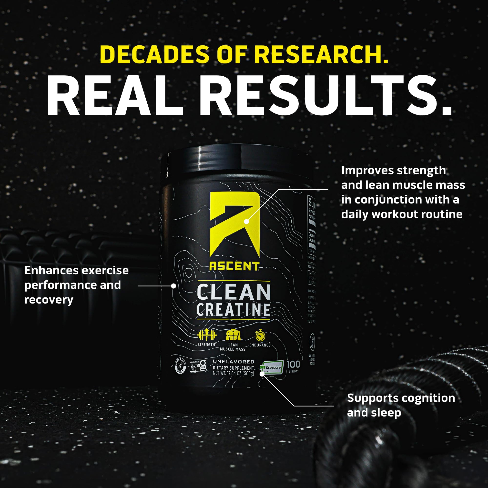 Ascent Clean Creatine Monohydrate, Creapure, Unflavored, 100 Servings