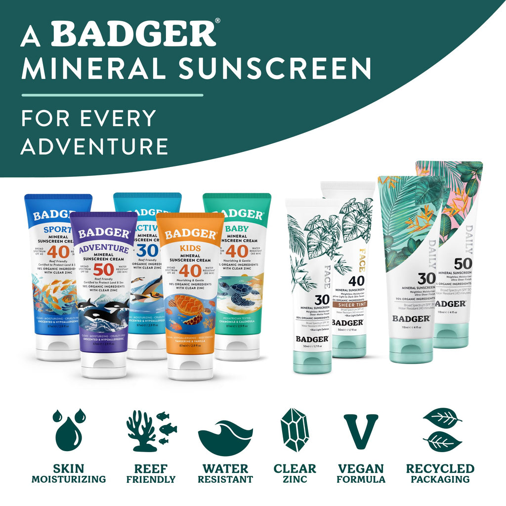 Badger Mineral Daily Sunscreen SPF 30, Zinc Oxide, Organic, 4 oz (2-Pack) | Lightweight, No White Cast, Moisturizing, Organic, Reef Safe, Vegan Unscented, Daily mineral sunscreen, Easy apply sunscreen