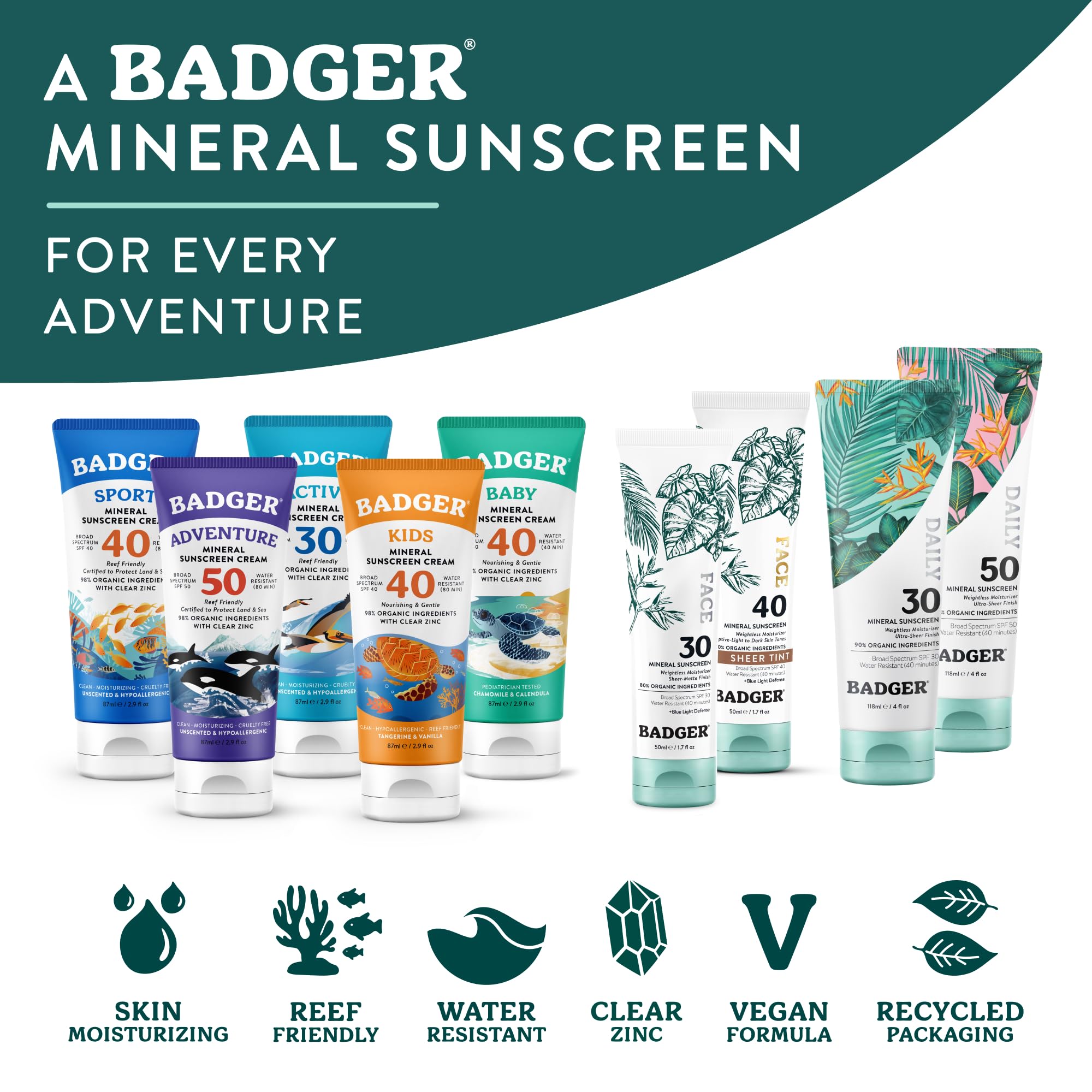 Badger Mineral Daily Sunscreen SPF 30, Zinc Oxide, Organic, 4 oz (2-Pack) | Lightweight, No White Cast, Moisturizing, Organic, Reef Safe, Vegan Unscented, Daily mineral sunscreen, Easy apply sunscreen