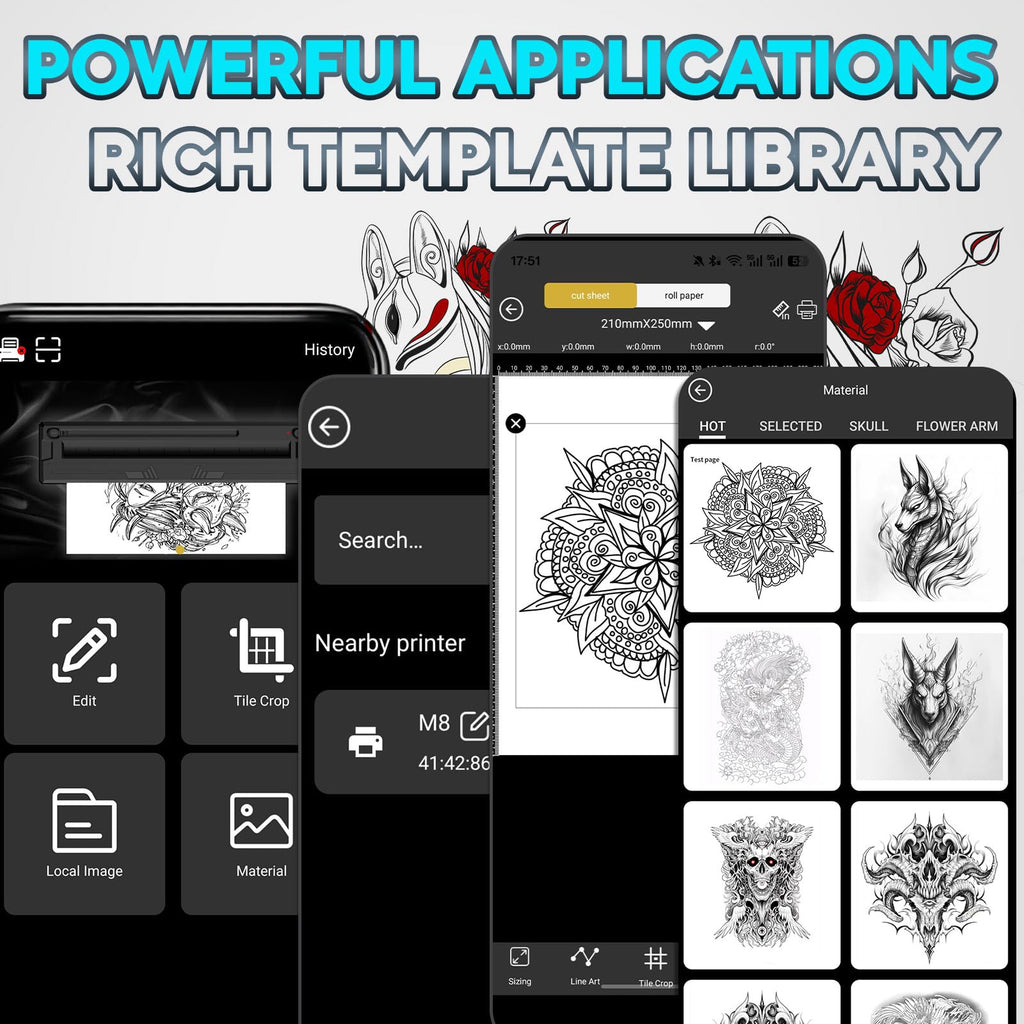 New Tattoo Stencil Printer - Fits A4-A8 Width Thermal Paper, Portable Wireless Bluetooth Thermal Tattoo Kit, Includes 10 Transfer Papers, for Artists & Beginners, Phones/Tablets/PC - Black