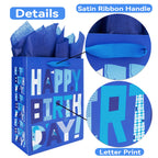 wishinside 13" Large Blue Gift Bags Set with Greeting Card and Tissue Papers (Blue Happy Birthday) for Men's Birthday Party, Father, Grandpa, Kids' Parties, Baby Boy - 13”x10.2”x5.2”, 1 Pcs