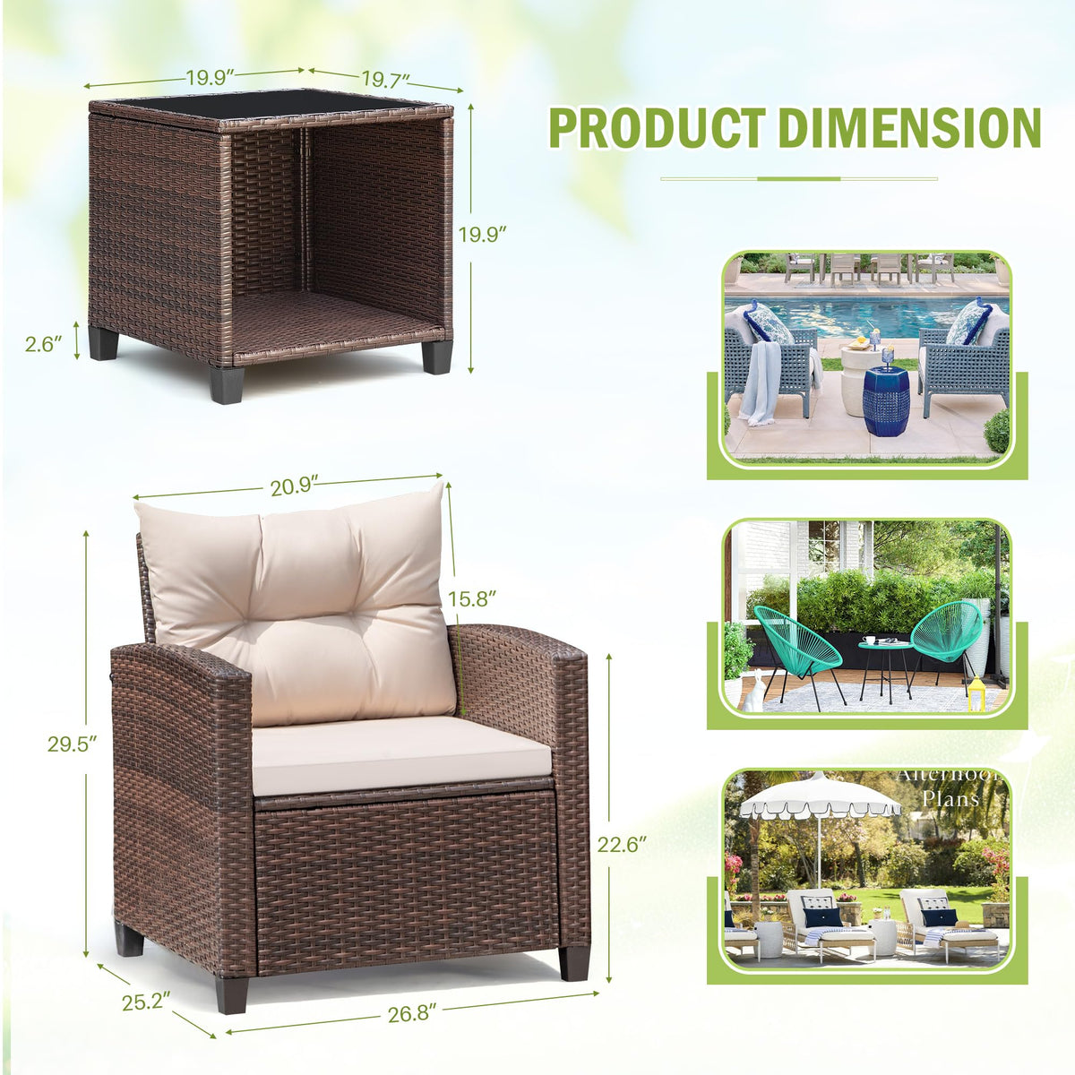 Devoko 3 Pieces Patio Furniture Set Outdoor Wicker Chairs and Table, Beige