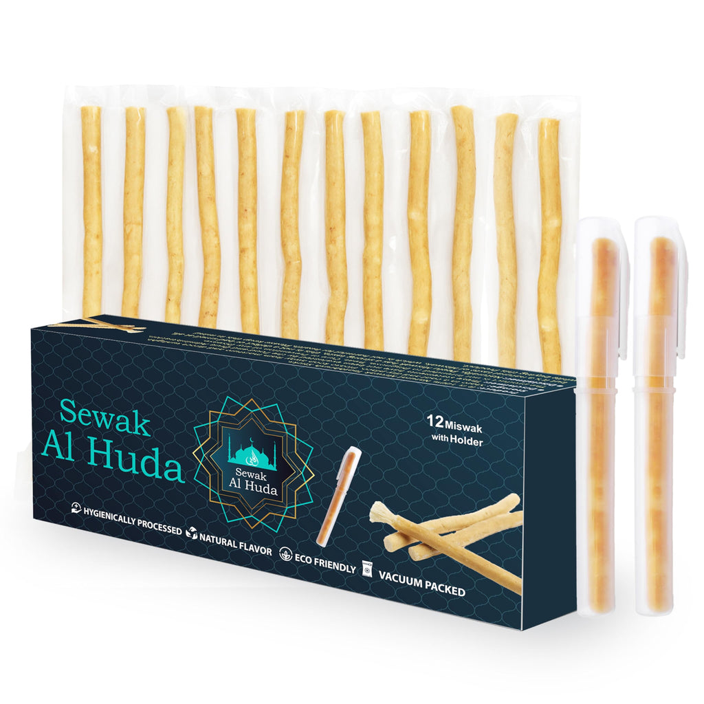 12 Pcs Miswak Sticks with Holder - Vacuum Sealed Chewing Miswak Sticks for Teeth - Natural Flavored Toothbrush for Teeth Whitening, Oral Health, and Fresh Breath || Pack of 12