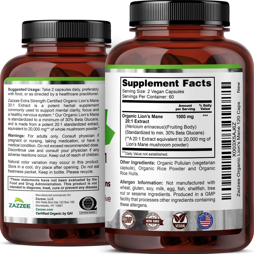 Zazzee USDA Organic Lion's Mane 20:1 Extract, 30% Beta Glucans, Vegan