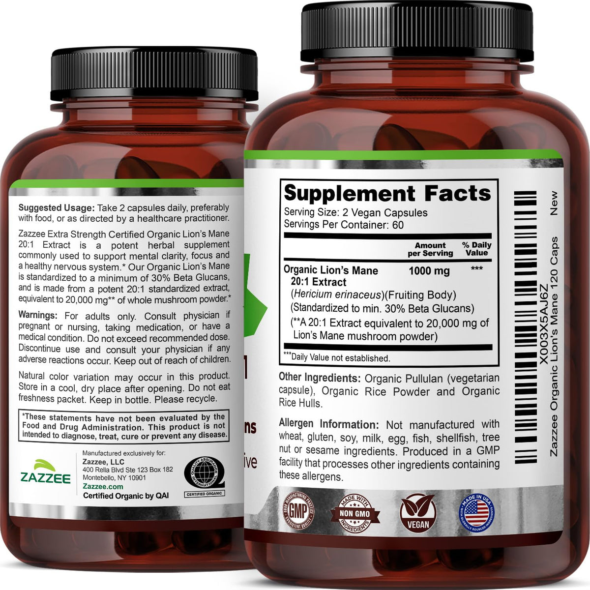 Zazzee USDA Organic Lion's Mane 20:1 Extract, 30% Beta Glucans, Vegan
