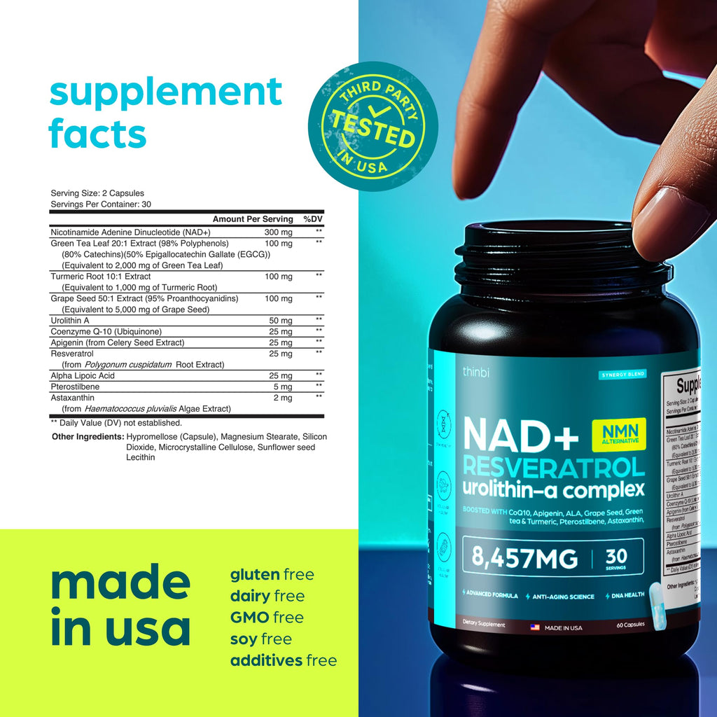 Thinbi Liposomal NAD+ Supplement with Resveratrol & CoQ10, 60 Count