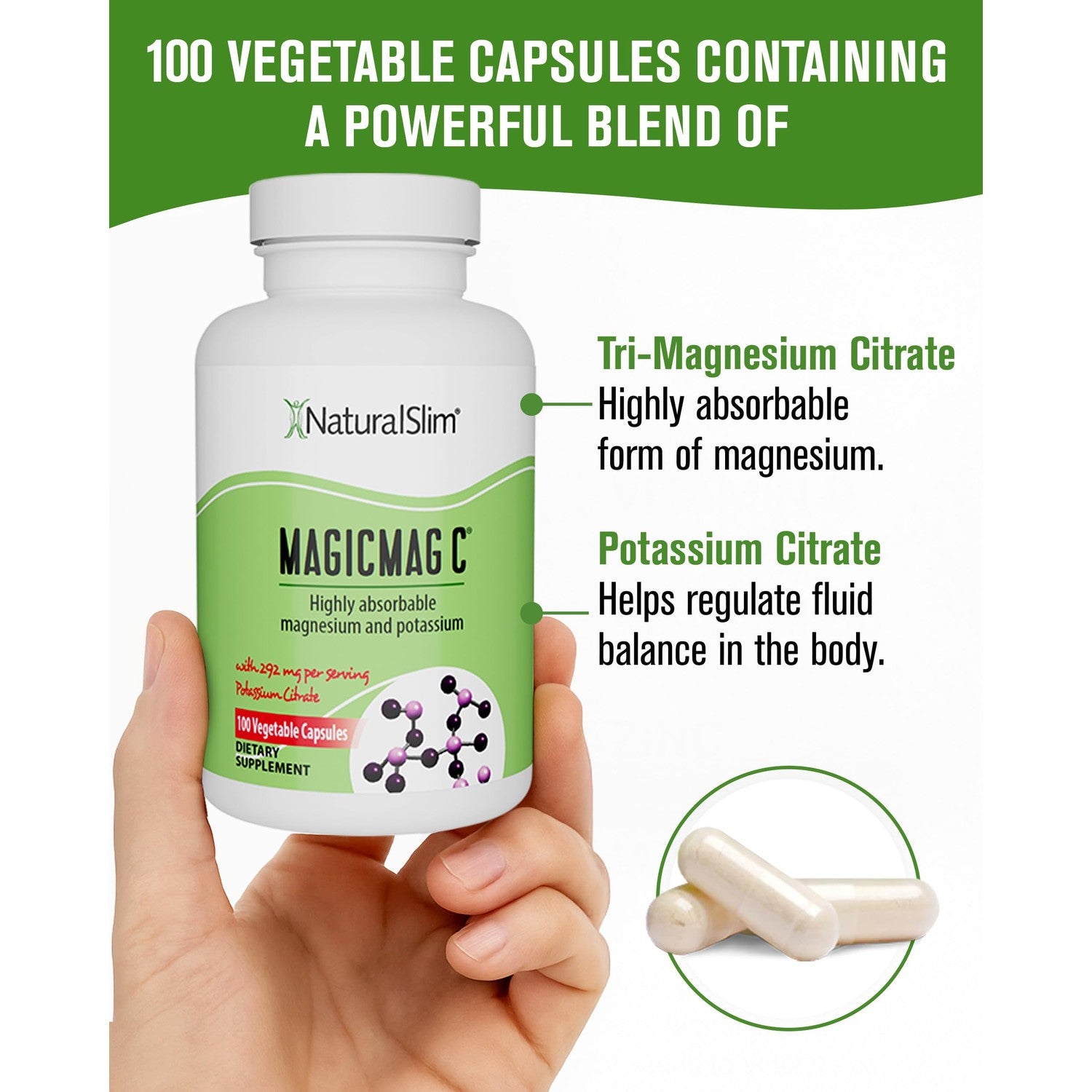 MagicMag C by NaturalSlim Magnesium Citrate, 100 Capsules | Magnesium Citrate Capsules, for Muscle Relaxation, Sleep Quality, Nerve Function and Electrolyte Support