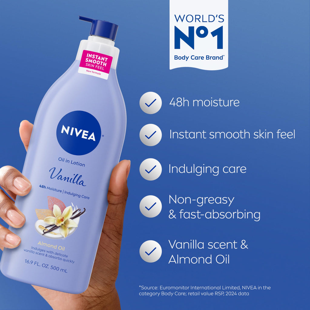 Buy now NIVEA Oil Infused Vanilla and Almond Oil Body Lotion for Women, Fast-Absorbing and Non-Greasy Vanilla Scented Lotion Moisturizes for 48 Hours, 16.9 Fl Oz Pump Bottle, Pack of 3 at indiglob india