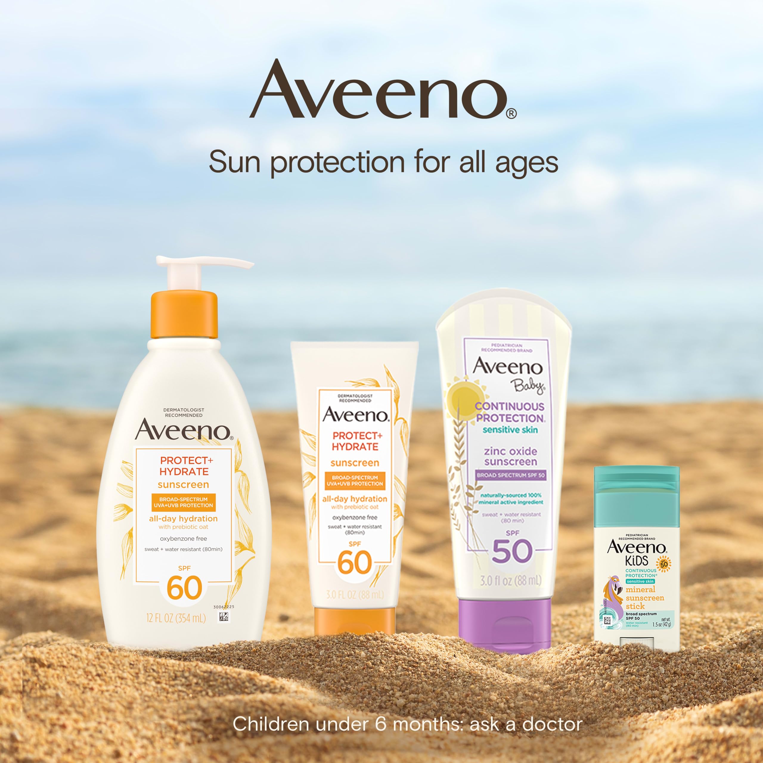 Aveeno Protect + Hydrate Sunscreen Lotion for Body & Face with Prebiotic Oat, SPF 60 Broad Spectrum Sunscreen, Paraben, & Oil Free, Water & Sweat Resistant (80-min) for Sensitive Skin, 12 FI Oz