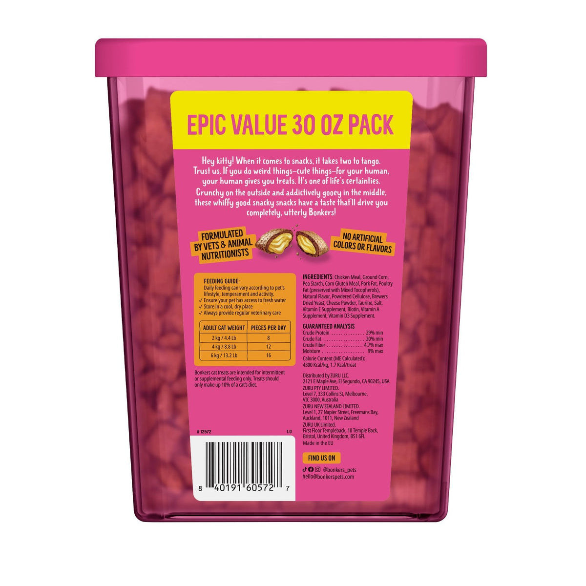 Bonkers Bites Paw Lickin Grain-Free Chicken Crunchy Cat Treats, 30 oz tub