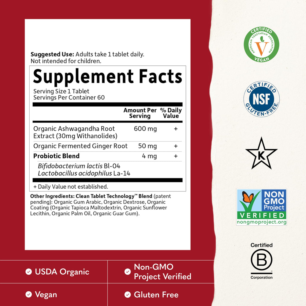 Garden of Life Organic Ashwagandha Supplement with Probiotics & Ginger - Stress, Mood & Energy Support, Vegan, Gluten Free, Non GMO, 2 Month Supply, 60 Tablets